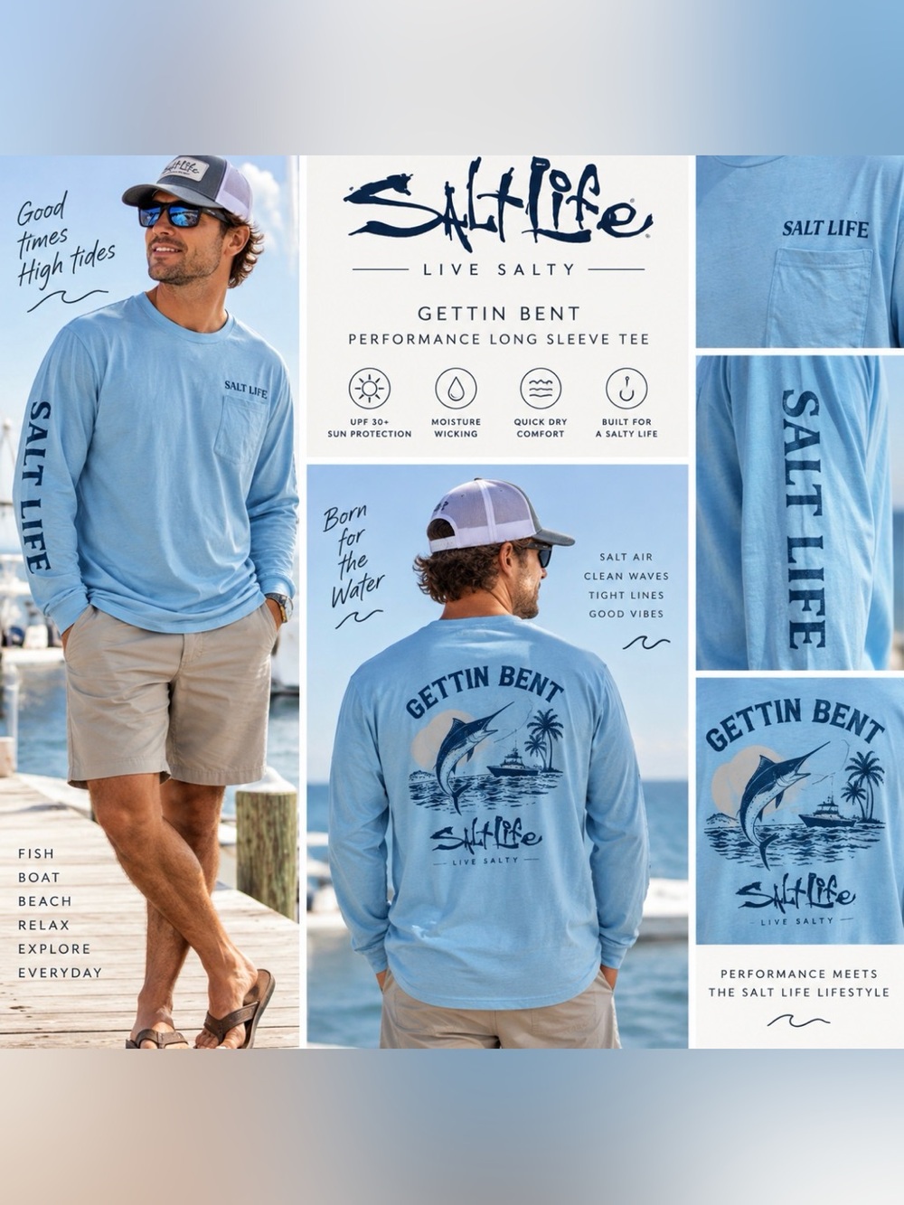 Salt Life Gettin Bent Long Sleeve Graphic Pocket Performance Tee Shirt Men L